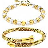 LCTrusttmor Gahna 2PCS 18K Gold Plated Nail Bangle & Chain Bracelet Set for Women, Adjustable Stackable Bangle Jewelry, Dainty Gold Bracelet Gift for Women