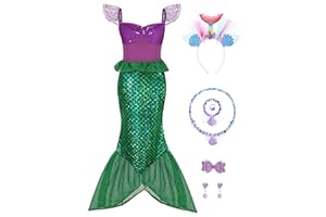 Oumbivil Mermaid Princess Dress Ariel Costume for Grils Cosplay Birthday Party Halloween Costumes with Wig,Headband,Necklace