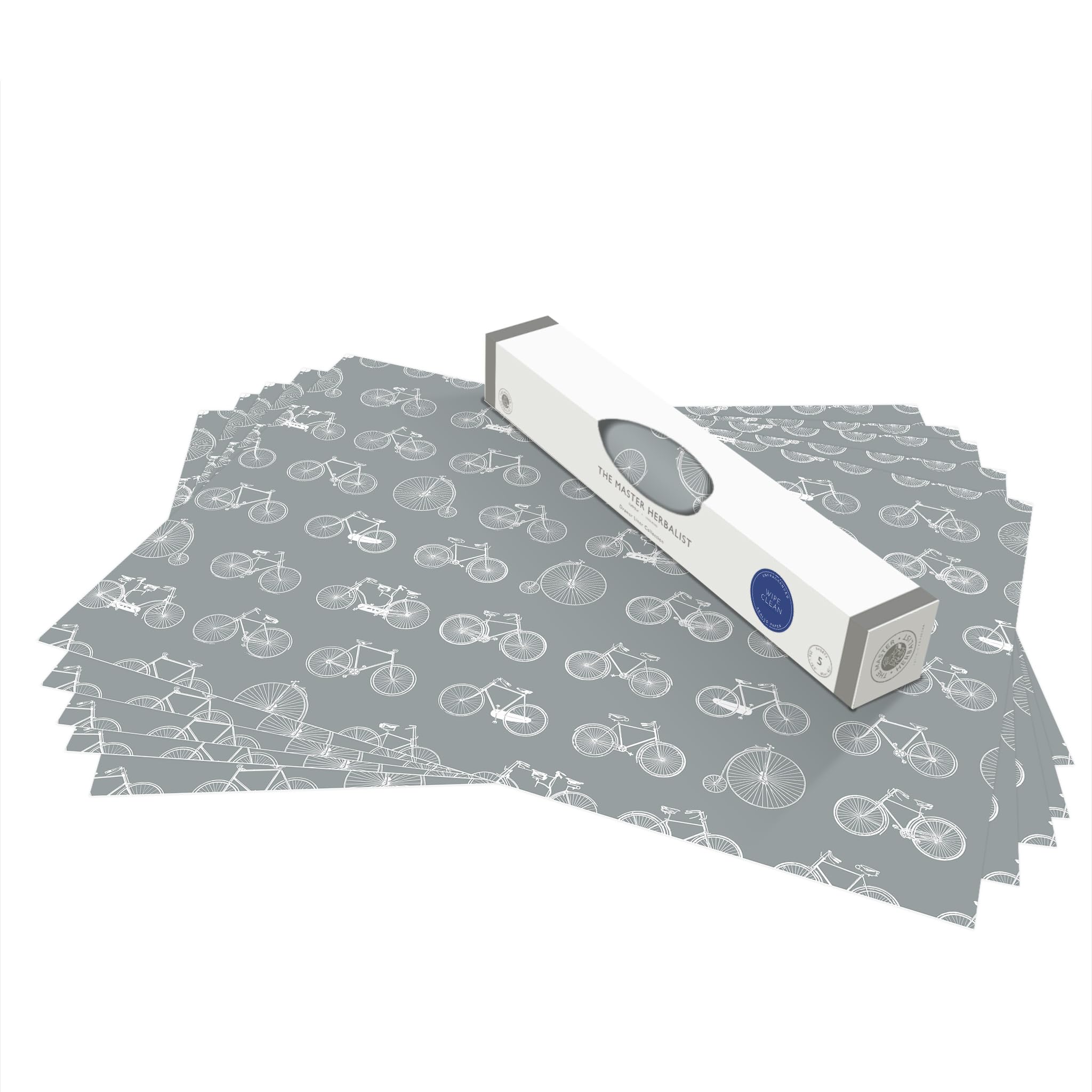 The Master Herbalist Unscented & Wipe Clean Drawer Liners with a Bicycle Design on Dusk Blue - Perfect for Bedroom Drawers, Wardrobe Shelves, Linen Cupboards & Kitchen Cabinets.