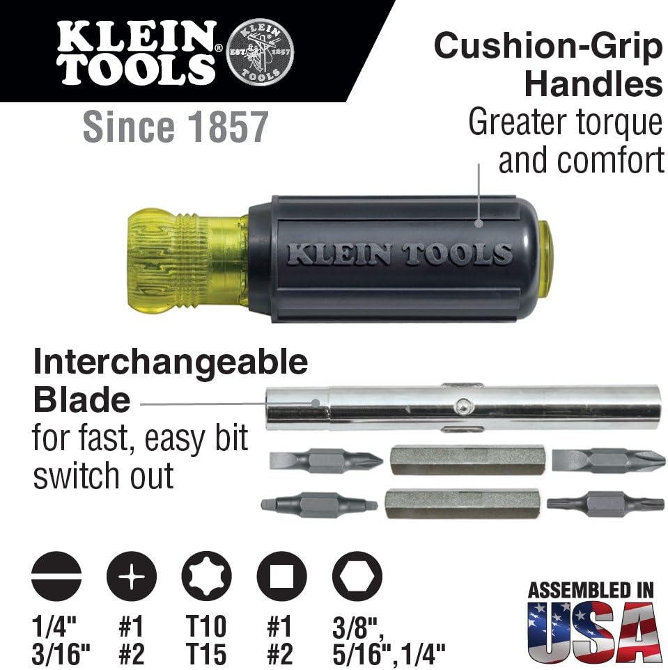 Klein Tools 32500 Multi-Bit Screwdriver / Nut Driver 11-in-1 Multi Tool, 8 Industrial Strength Bits, 3 Nut Driver Sizes, Cushion Grip Handle - - 