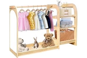 homegroove Kids Dress Up Storage Rack with Mirror, 31.5 Inch Wood Wardrobe Closet with Storage Shelf for Little Girls and Boy