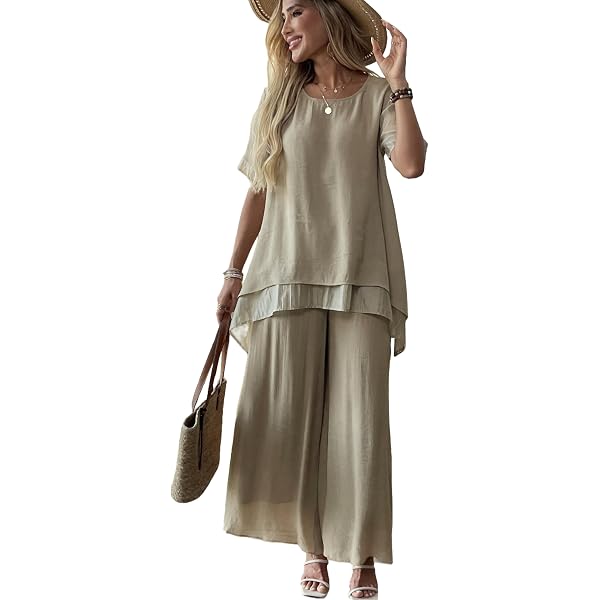 Heipeiwa Women's Linen 2 Piece Outfits Loose Top And Pant Suits Summer Vacation Beach Travel Two Piece Lounge Sets At Women's Clothing Store