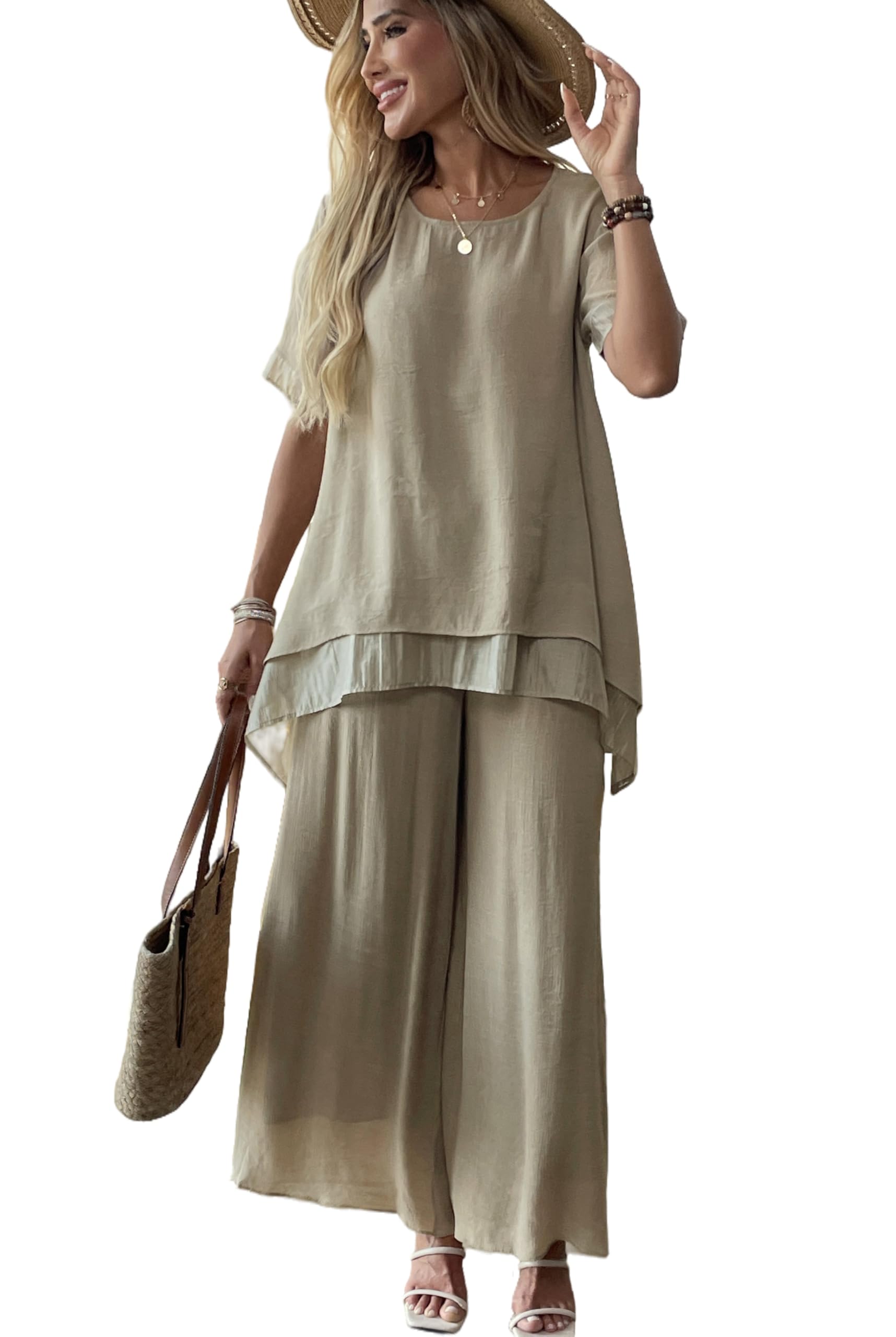 Photo 1 of heipeiwa Women's 2 Piece Outfits Flowy Ruffle Tops Palazzo Pants Suits Elegant Casual Dressy Two Piece Linen Sets