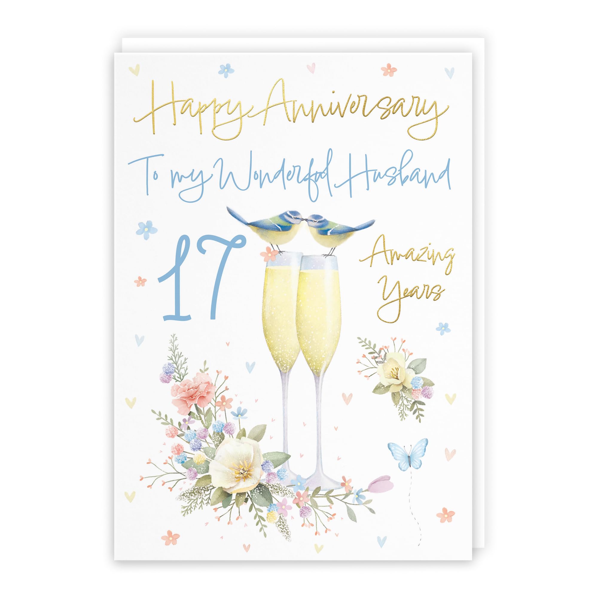 Hunts England - Husband 17th Anniversary Card - A5 Size - Champagne Flutes - Gold Foil - 17th Anniversary Card For Husband - Seventeen Years - 17th Anniversary - Milo's Gallery