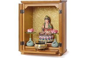 Wooden Buddhist Altar, Meditation Table Altar with Retractable Tray, Gold Backdrop Worship Shrine for Guanyin Buddha Statues,