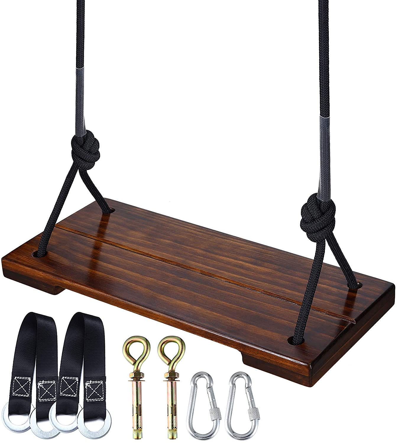 PELLOR Wooden Swing Seat Hanging Wood Tree Swings Sets Anticorrosive & 100% Waterproof Garden Swing for Adults & Kids Indoor & Outdoor(Brown)