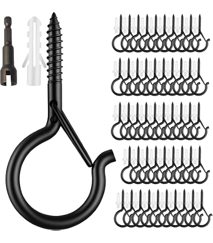 FSAH 50-Pack Screw-in Hooks For Outdoor String Lights – Swivel Hooks With Safety Latch, Gold, Includes Driver