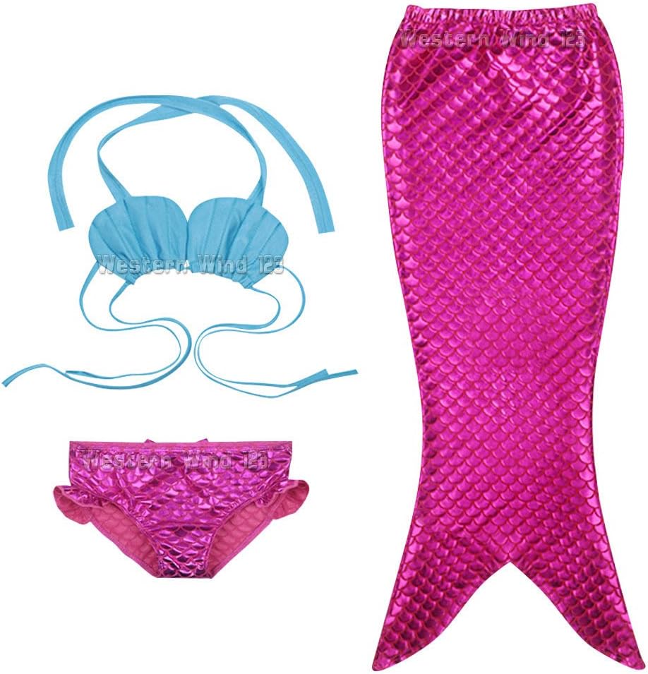 wocharm Mermaid Tail Costume Childs Swimwear Swimsuit 3 Pieces Bikini Set for Kids Girl 100-140cm Rainbow Yellow Blue (140cm, Blue+Rose Red)