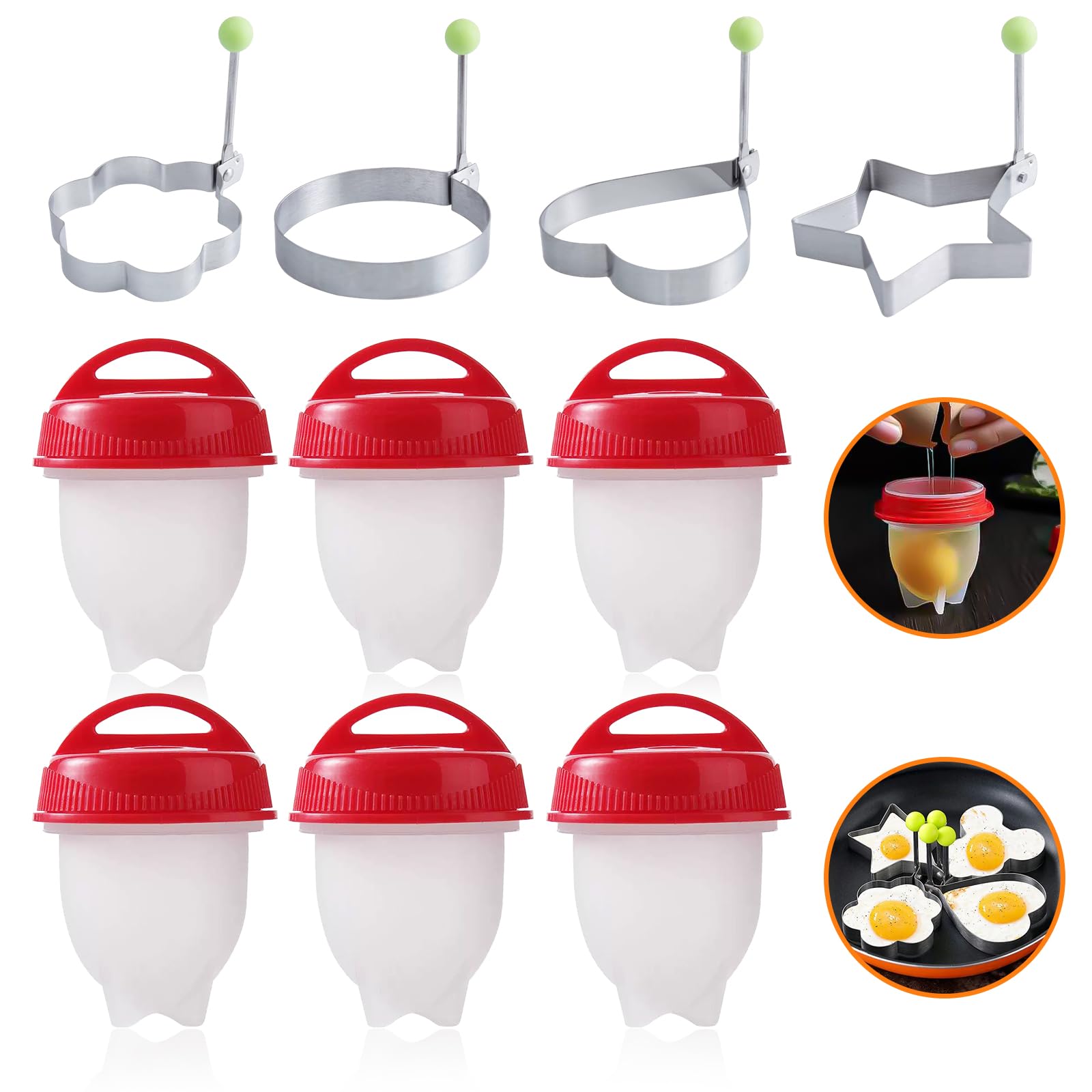 6 Pcs No Shell Egg Cook Cups, Shell Less Egg Boiling Mold, Heat Resistant Silicone Egg Boilers, Silicone Non-stick Egg Boiler with 4 Shapes Fired Egg Ring Mould, Fast Cooking Egg Cups for Breakfast