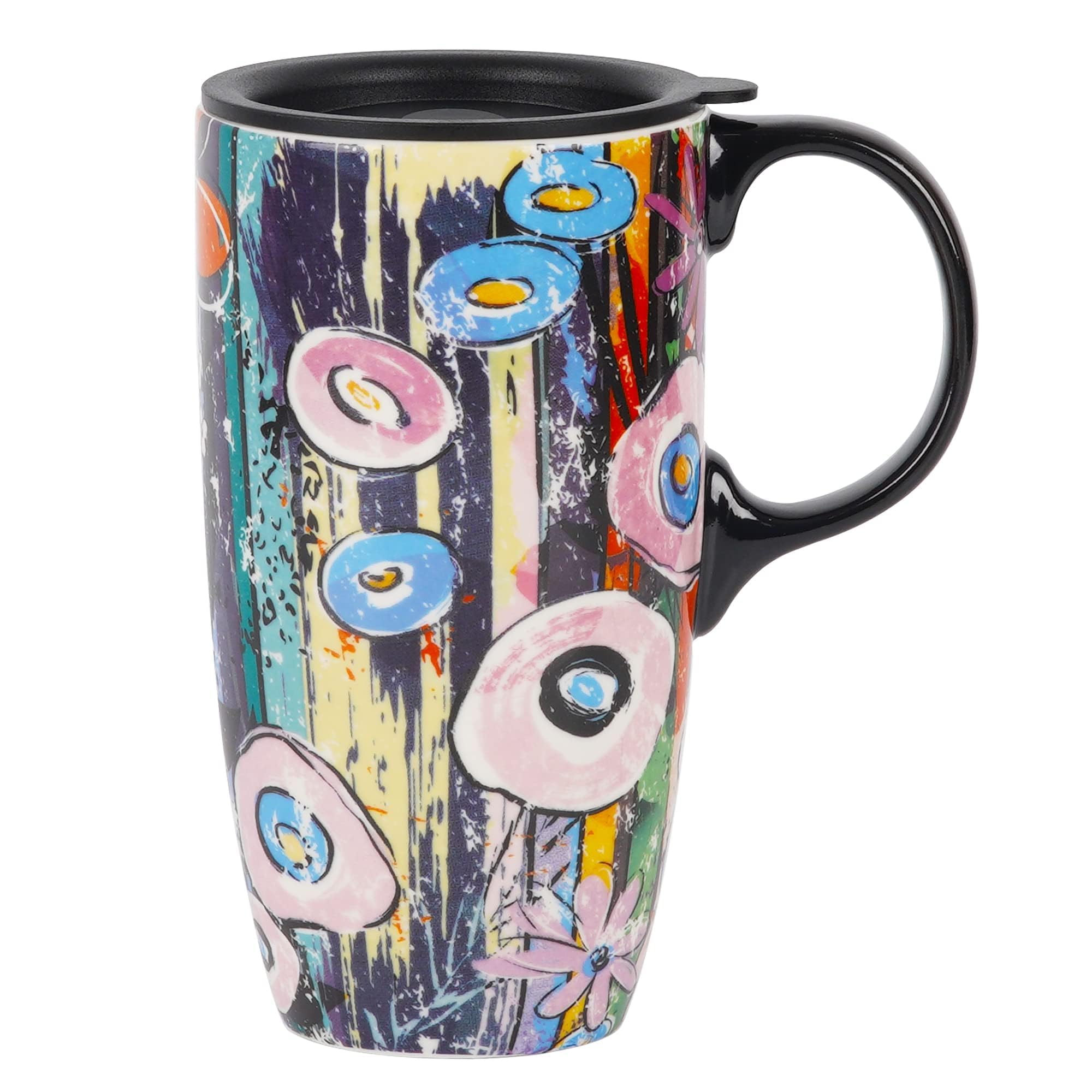 DUSVALLY Ceramic Mug Large Coffee Mug Tall Cups Porcelain Latte Coffee Cup with Lid 17oz,Colorful Doodle