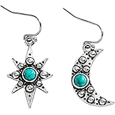 Turquoise Star Moon Dangle Earrings for Women, Bohemian Ethnic Celestial Asymmetry Hook Earring, Vintage Hypoallergenic Jewelry