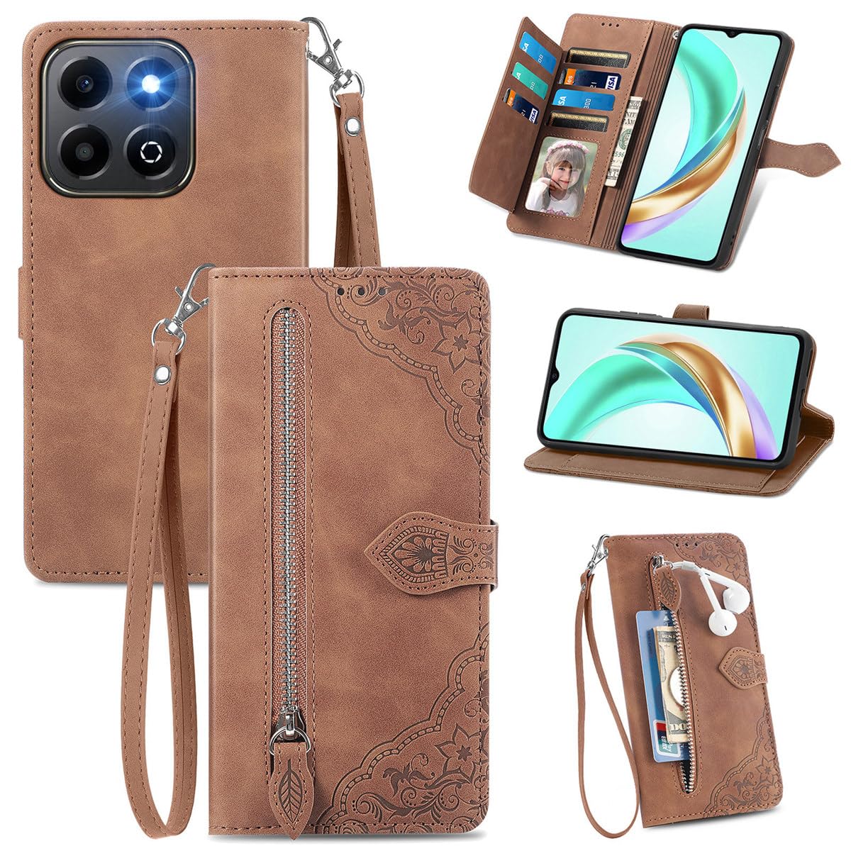 MOJIA Flip Case Compatible with Honor 200 Smart, PU Leather Zipper Wallet Case Flip Phone Cover with TPU Shell, Card Holder Multifunctional Case. Brown