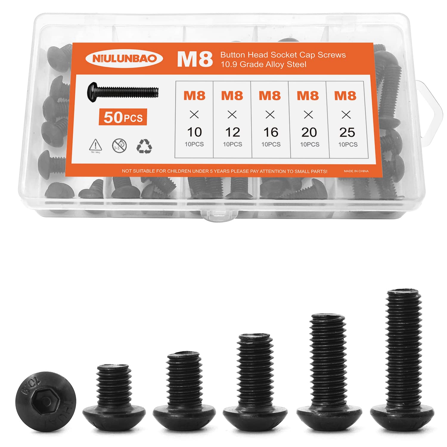 Photo 1 of NIULUNBAO M8 x 10mm 12mm 16mm 20mm 25mm Button Head Socket Cap Screws Bolts 10.9 Grade Alloy Steel, Black Oxide Finish, Metric Allen Hex Drive, Machine Fully Threaded, Assortment Kit 50PCS