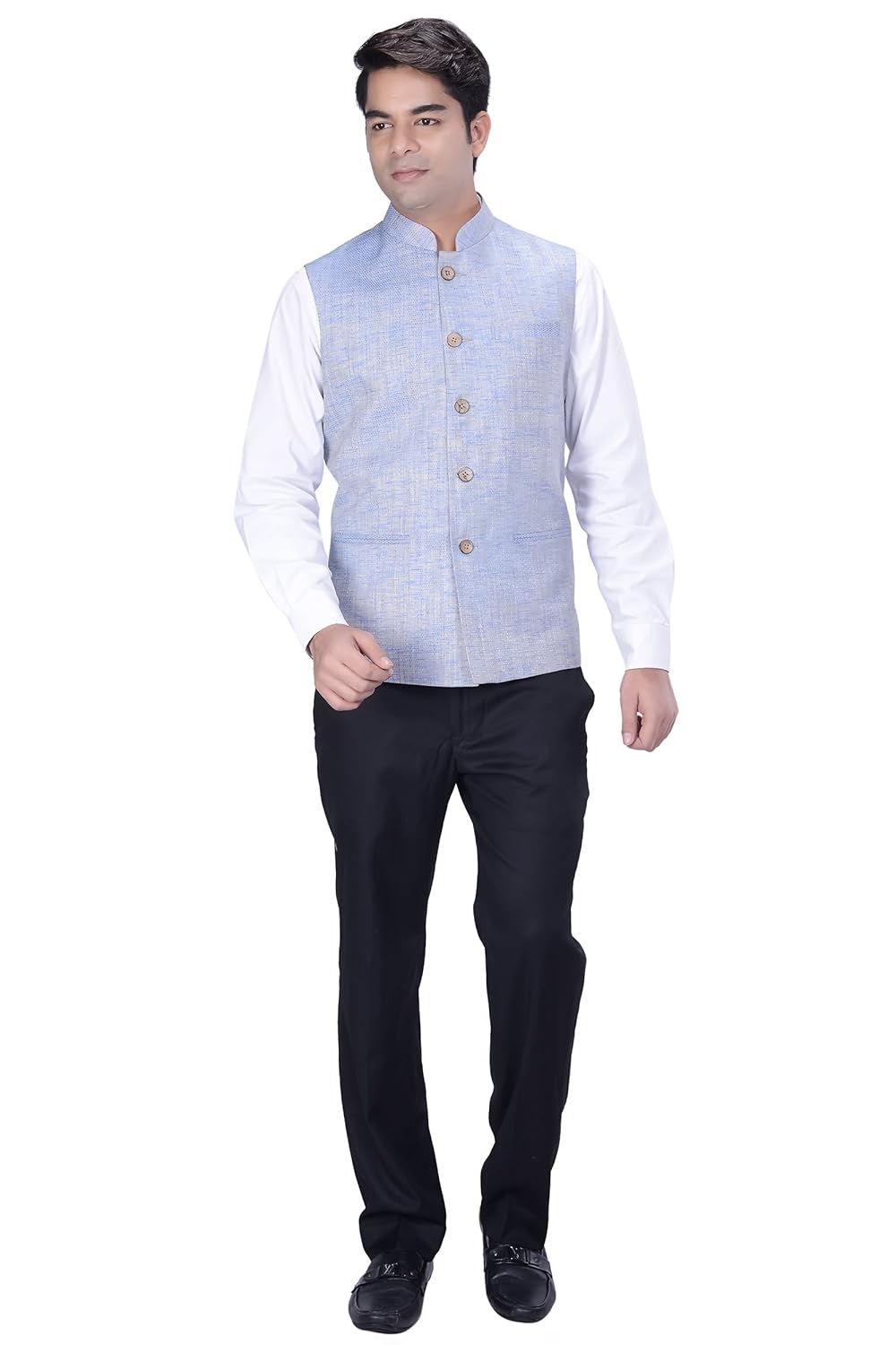 kisah men's woven cotton silk blue nehru jacket