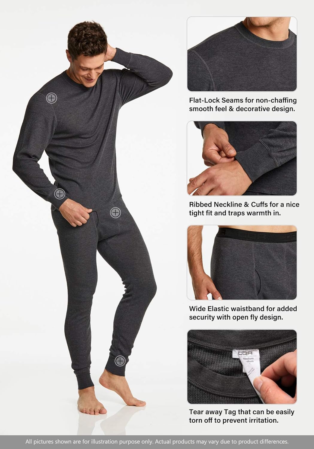 CQR 1 or 2 Pack Men's Long Sleeve Thermal Underwear Tops, Midweight Waffle Crewneck Shirt, Winter Cold Weather Thermal Shirts: Clothing