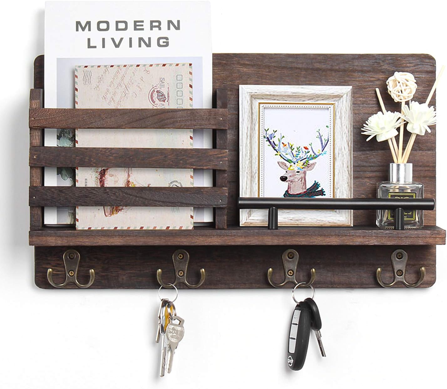 wooden mail and key holder for wall decorative rustic wall mounted mail organizer with 4 double key hooks and 1 mail sorter perfect home decoration