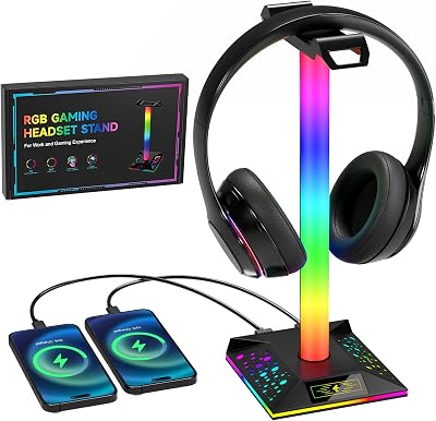 Hcman RGB Headphone Stand 2 USB Type C LED Gaming Headset Holder for PC Desk