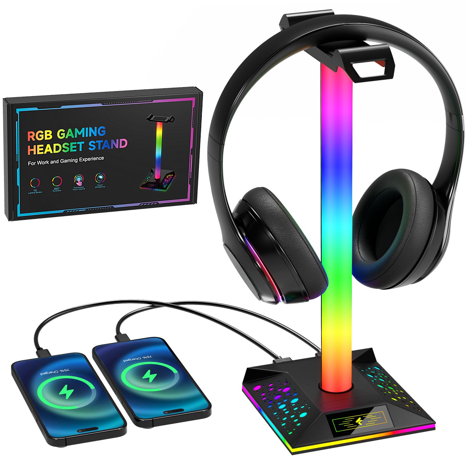 Photo 1 of Hcman Headphone Stand Gaming Headset Holder RGB PC Gaming Accessories for Desk, Cool LED Headset Stand with 2 USB Charger for Gamer, Black