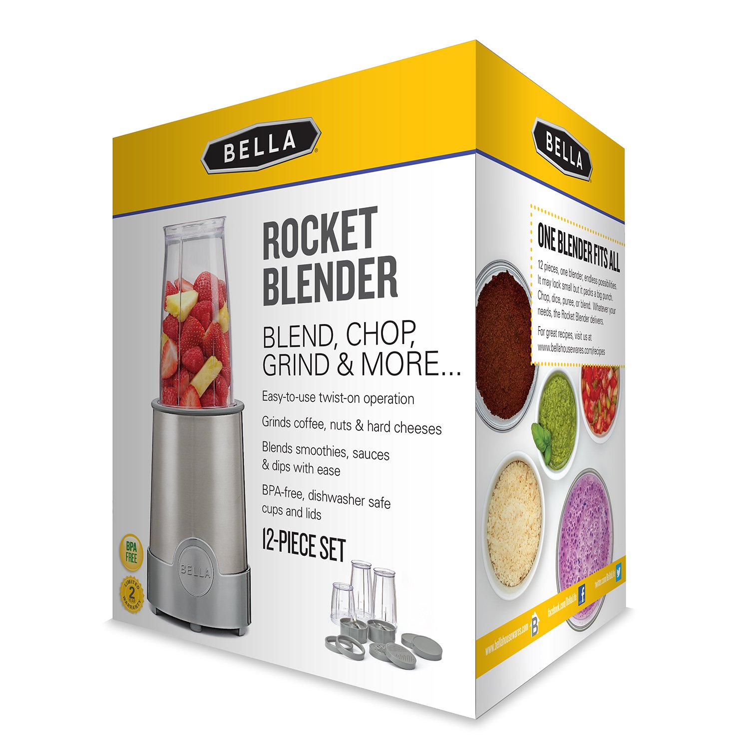BELLA Personal Size Rocket Blender, 12 piece set, color stainless steel