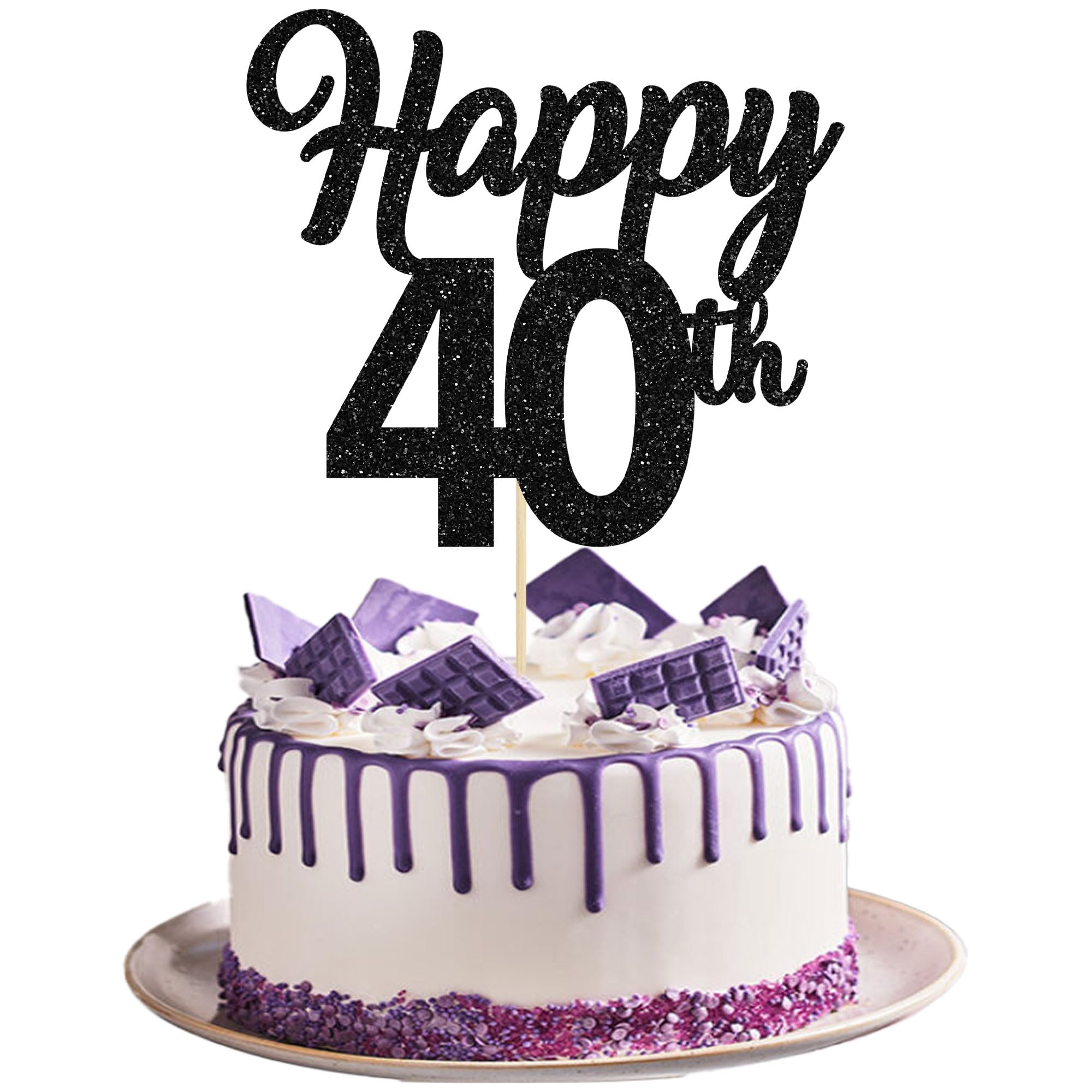 3Pcs Happy 40th Cake Toppers Black Glitter Number 40 Forty Birthday Cake Pick Decorations for Cheers to 40 Years Old 40th Birthday Wedding Anniversary Party Supplies