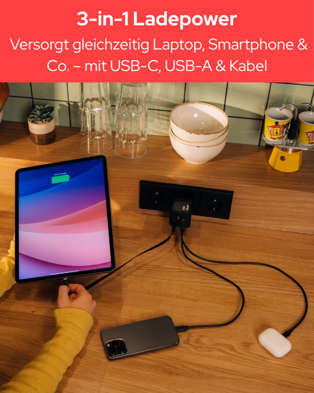 Verbatim GaN Charger 65 W 2-Port USB-C Ladegerät mit ausziehbarem USB-C Kabel, USB-C und USB-A Power Adapter, Schnellladegerät für Apple iPad, iPhone, Samsung & Co, Travel Adapter für EU, UK, USA 5