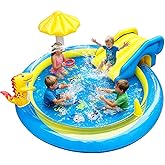 Dinosaur Inflatable Play Center, Kids Round Wading Swimming Pool with Slide, Dinosaur Sprinkle, Mushroom Shade for Kids Children Summer Outdoor Splish Splash, Garden Backyard Water Park, 87"x75"x31.5"