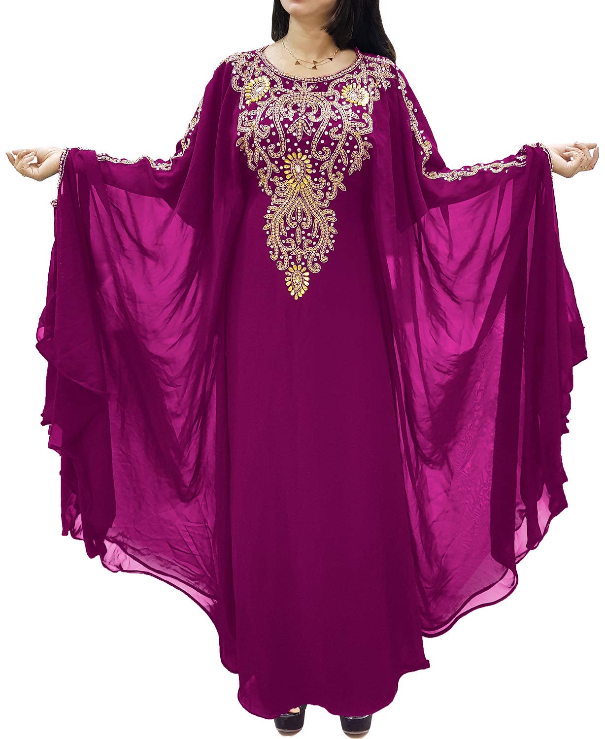 MoVi Fashion Women Dubai Kaftan Dress with Gold Beaded Work Moroccan Islamic African Caftan