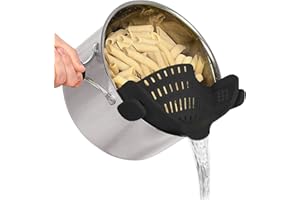 VIGOR PATH Clip on Strainer Colander - Cooking Strainer with Silicone Grip - Pot Strainer for Pasta, Meat, Vegetables, Fruit, Ground Beef and More - Fits All Pots and Bowls! (Black)