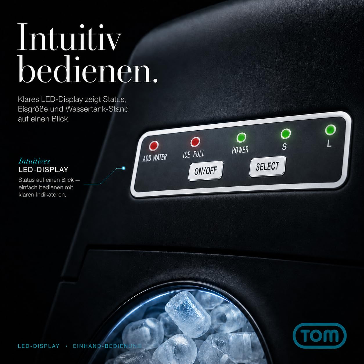 TOM Eiswürfelmaschine – 9 Eiswürfel in 6-8 min – 12 kg/24 h – 2 Würfelgrößen – Ice maker Eiswürfelmacher mit 1,3 l Wassertank – LED-Display – Inkl. Zubehör & Eiszange als Geschenk – Eiswürfelmaschine 8