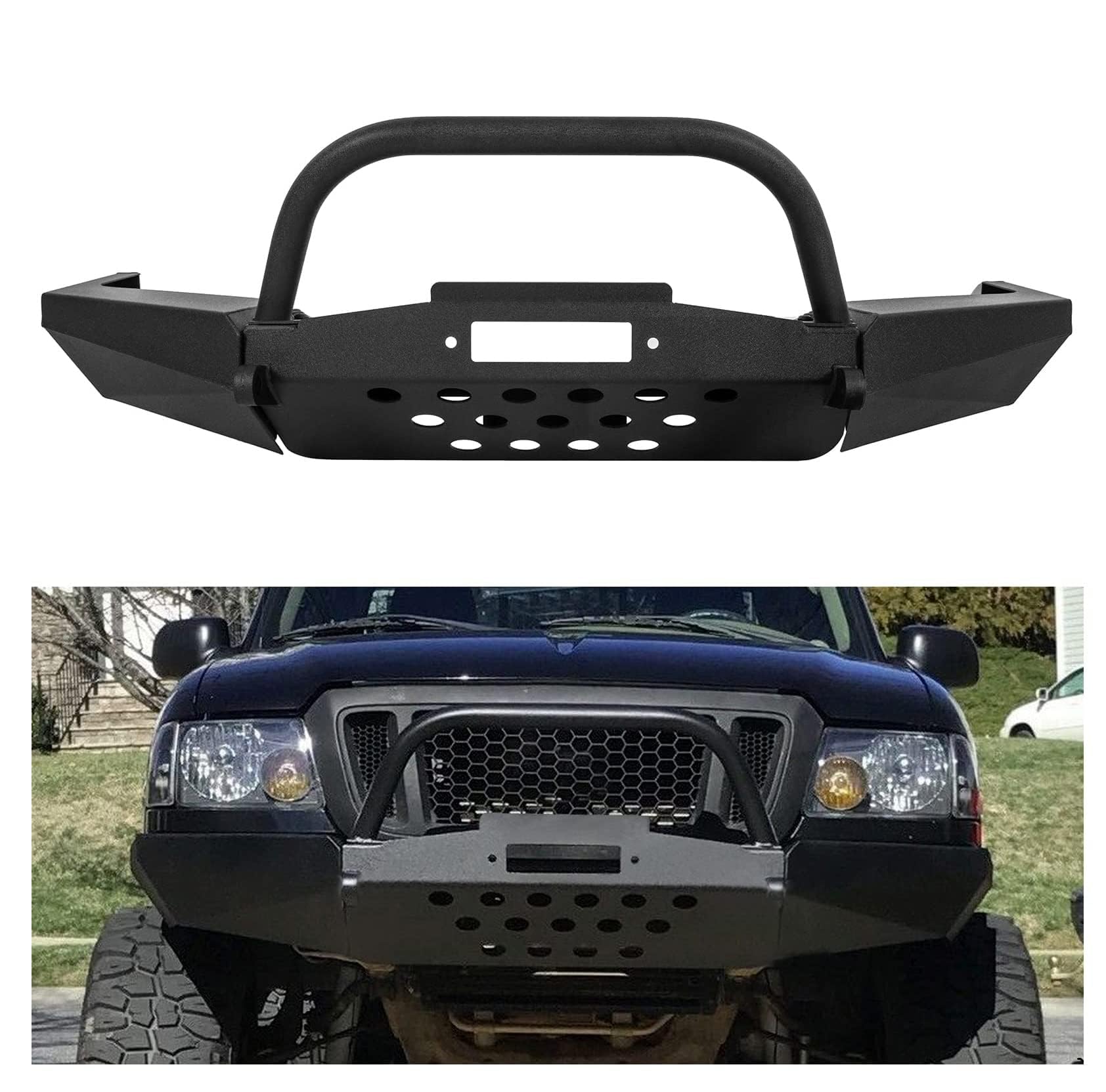 Photo 1 of ***MINOR SCRATCHES ***ECOTRIC Front Bumper Compatible with 1998-2011 Ford Ranger W/Winch Plate Bull Bar D-Ring Mounts Bumper Assembly Steel Powder Coated Black