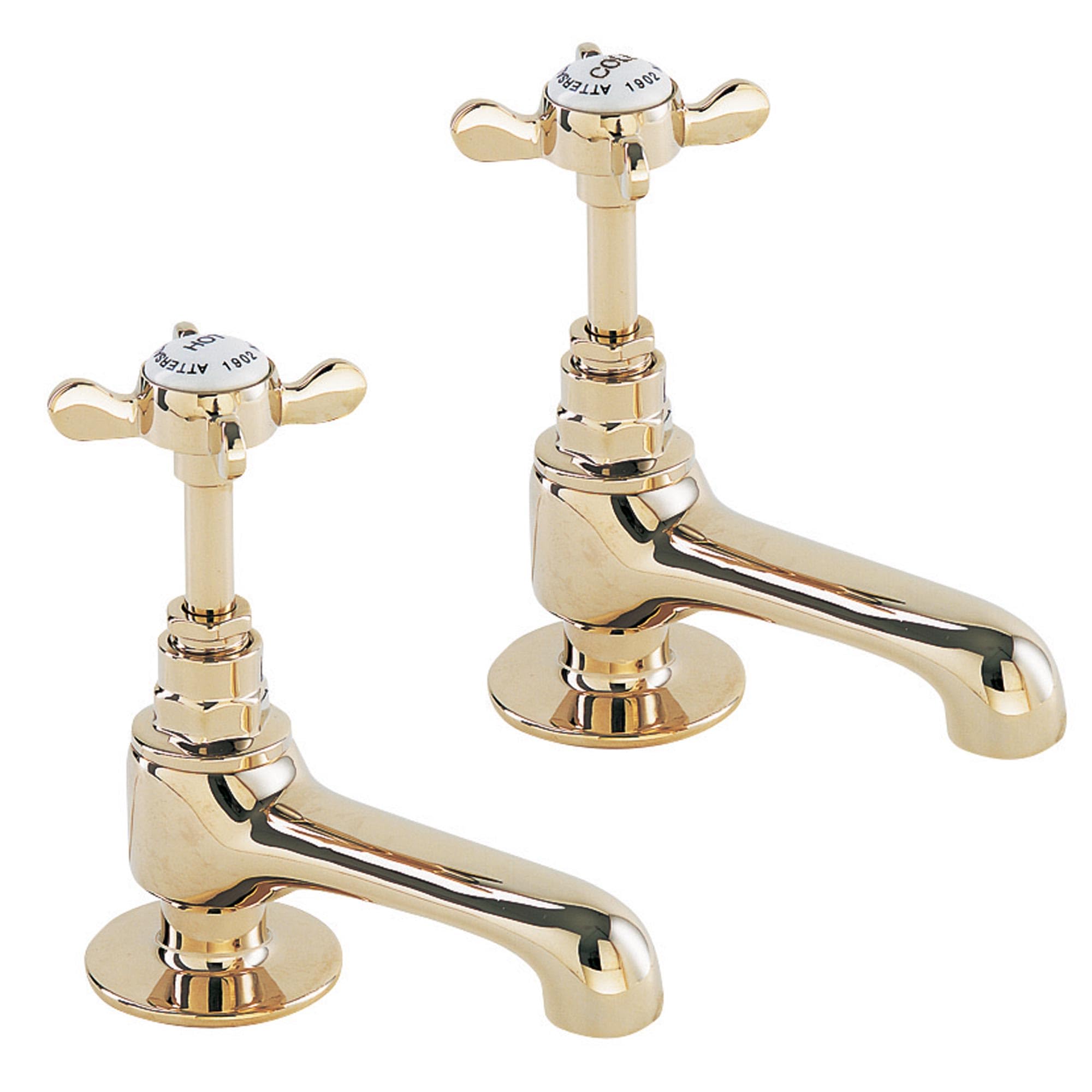 Deva Coronation Cross Lever Basin Taps Gold Pair Polished Brass Finish Hot & Cold Traditional Edwardian Era Handle Brass Style Pillar Faucet Vintage Tap CR19 – 5 Year Warranty