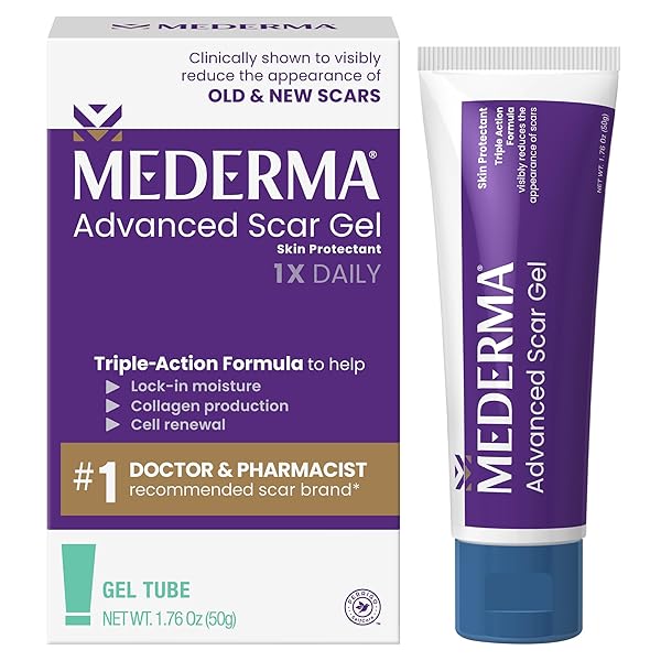 MEDERMA ADVANCED SCAR GEL, TREATS OLD AND NEW SCARS, REDUCES THE APPEARANCE OF SCARS FROM ACNE, STITCHES, BURNS AND MORE, 1.76 OZ