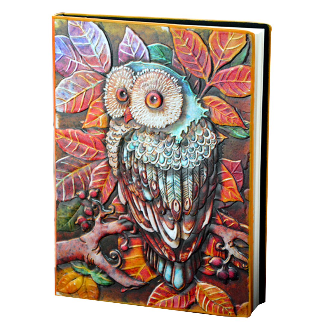 Millya Faux Leather Hardcover Notebook Owl Pattern Embossed Travel Journal Diary Bronze Personal Notepad (Colorful)