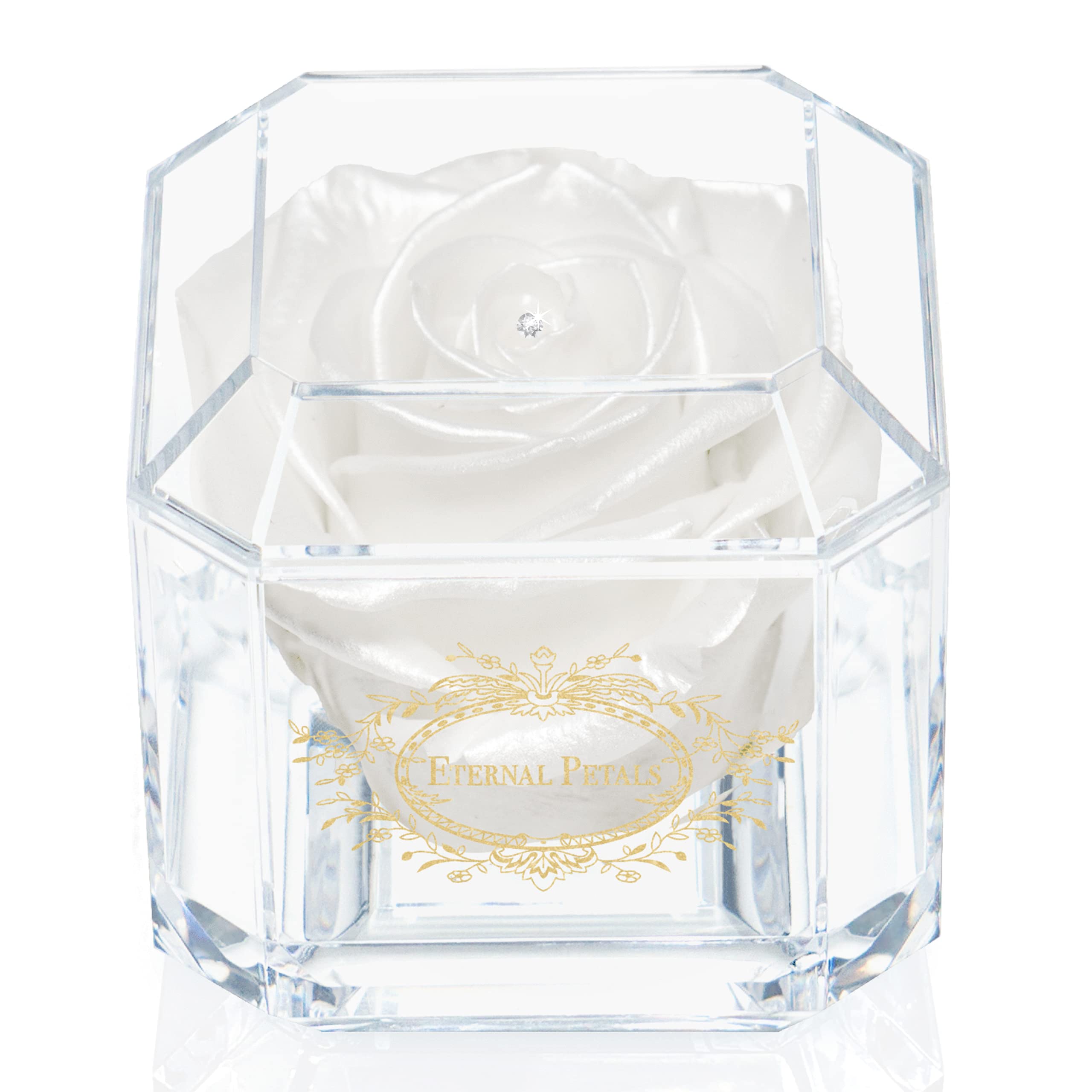 A 100% Real Rose That Lasts Years - Eternal Petals, Handmade in UK – Gold Solo with A Clear Crystal (White Satin)