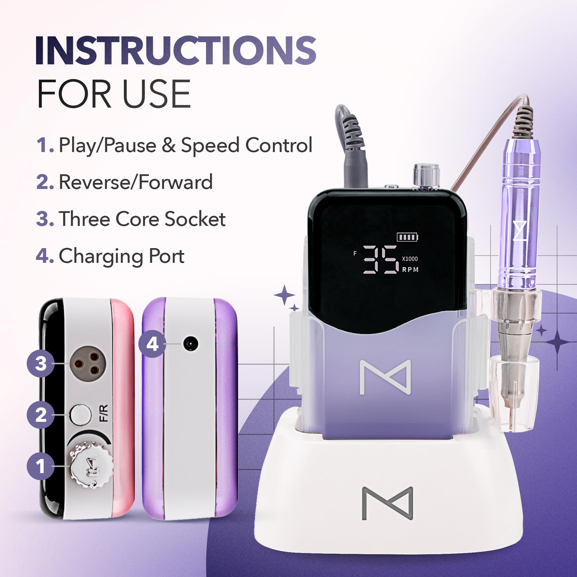 M Mase- Professional Nail Drill Machine - Coreless 2-in-1 Nail File - Electric, Cordless, 35000 RPM, HD Display - Electric Nail Drill for Professional & Home Use (Violet) - Image 3