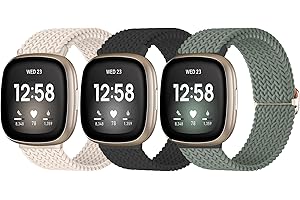 Chinber 3 Pack Elastic Sport Band, Compatible with Fitbit Versa 3/Fitbit Versa 4/Fitbit Sense 2/Fitbit Sense Straps Elastic Woven Adjustable Sport Solo Loop Watch Bands, Nylon Straps for Women Men