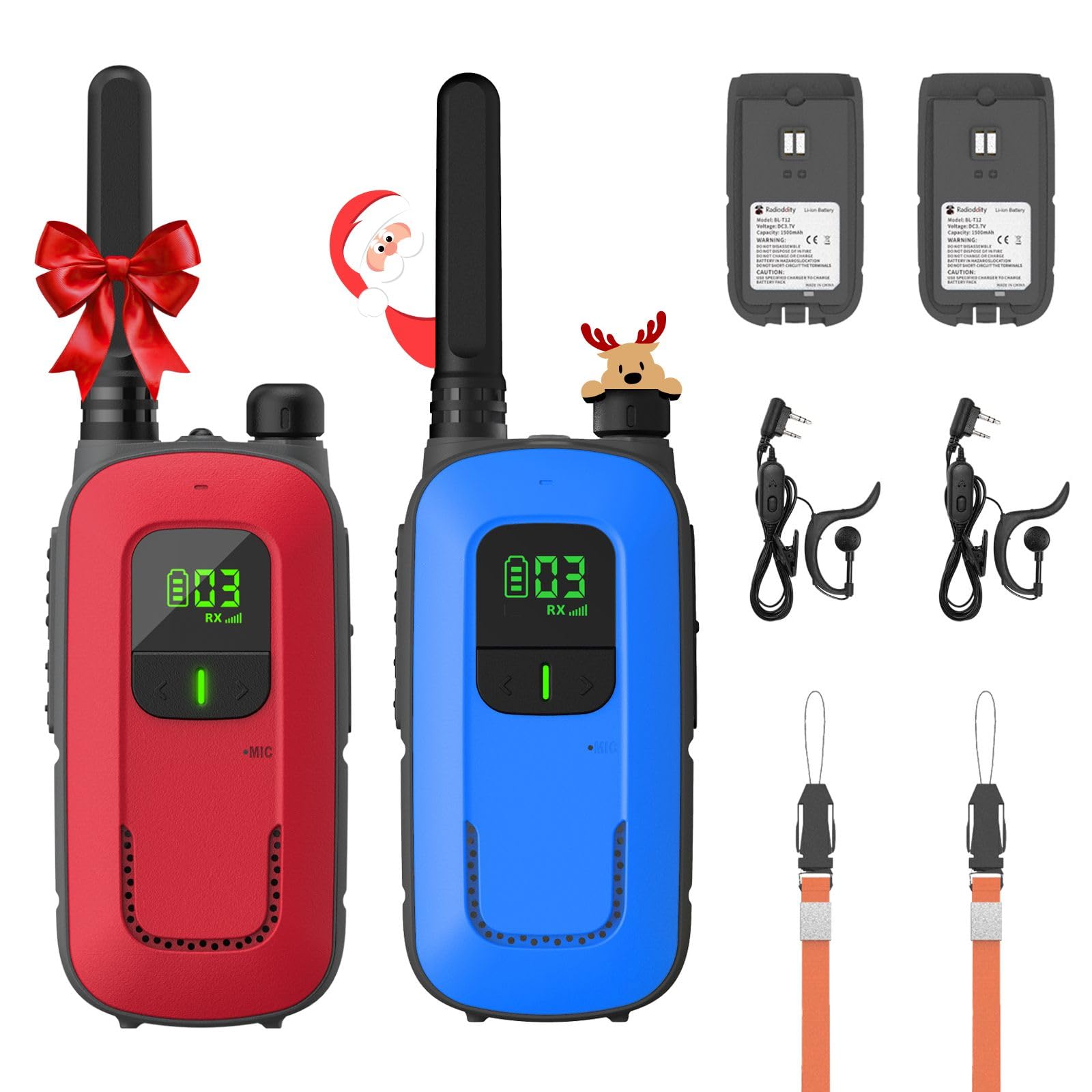 Radioddity PR-T3 Walkie Talkies for Kids Adults Long Range, Rechargeable Walky Talky PMR Two Way Radio with 16 Channels USB Charging VOX Flashlight Earpiece for Camping Hiking (Red & Blue)