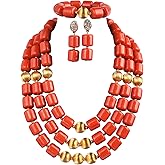 Africanbeads 5 Rows Gold Tone Coral Necklace Bracelet Earrings,Nigerian Wedding Coral Beads Jewelry Set