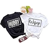 Wifey and Hubby Shirt Wedding Party Shirts Honeymoon Tees Matching Couple Shirts Wife and Husband Shirt Gift for Newly Married Couple Just Married Tshirt with Est Date