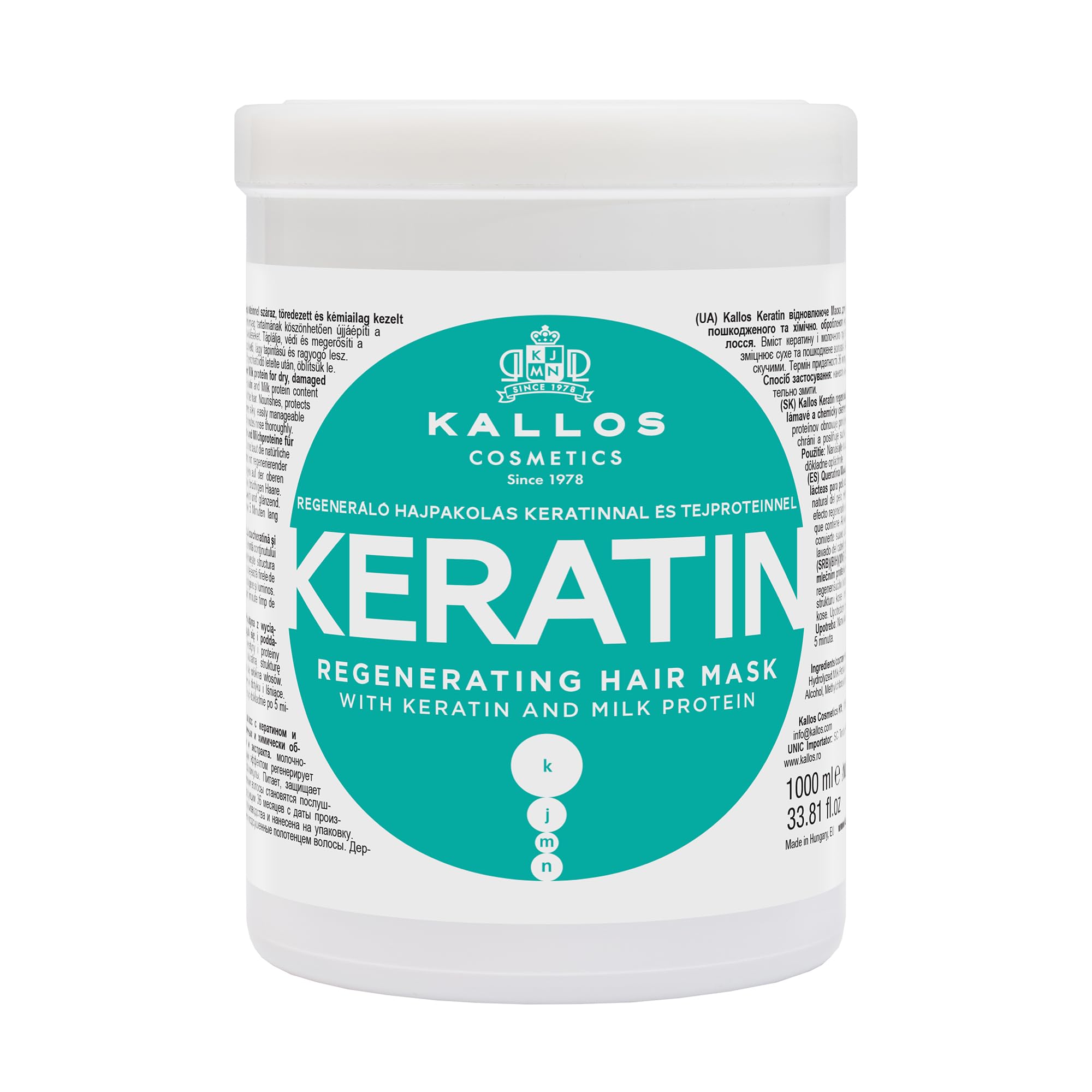 Kallos Cosmetics KJMN Keratin Hair Mask for Dry, Damaged and Chemically Treated Hair, Nourishes and Helps Rebuild Natural Structure, Enhances Shine and Texture with Milk Protein 1L