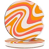 Car Coasters Retro 60s Waves Cup Holder,Colorful Groovy Car Coaster for Cup Holder,2 PCS Absorbent Insert Ceramic Car Assecories with Cork Back & Finger Notch for Women Men