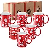 Potchen Christmas Coffee Mugs Set of 6 12 Oz Red Ceramic Coffee Cups with Santa Snowman Reindeer Gingerbread Hot Cocoa Mugs for Women Men Christmas Gift Table Centerpieces Party Decor