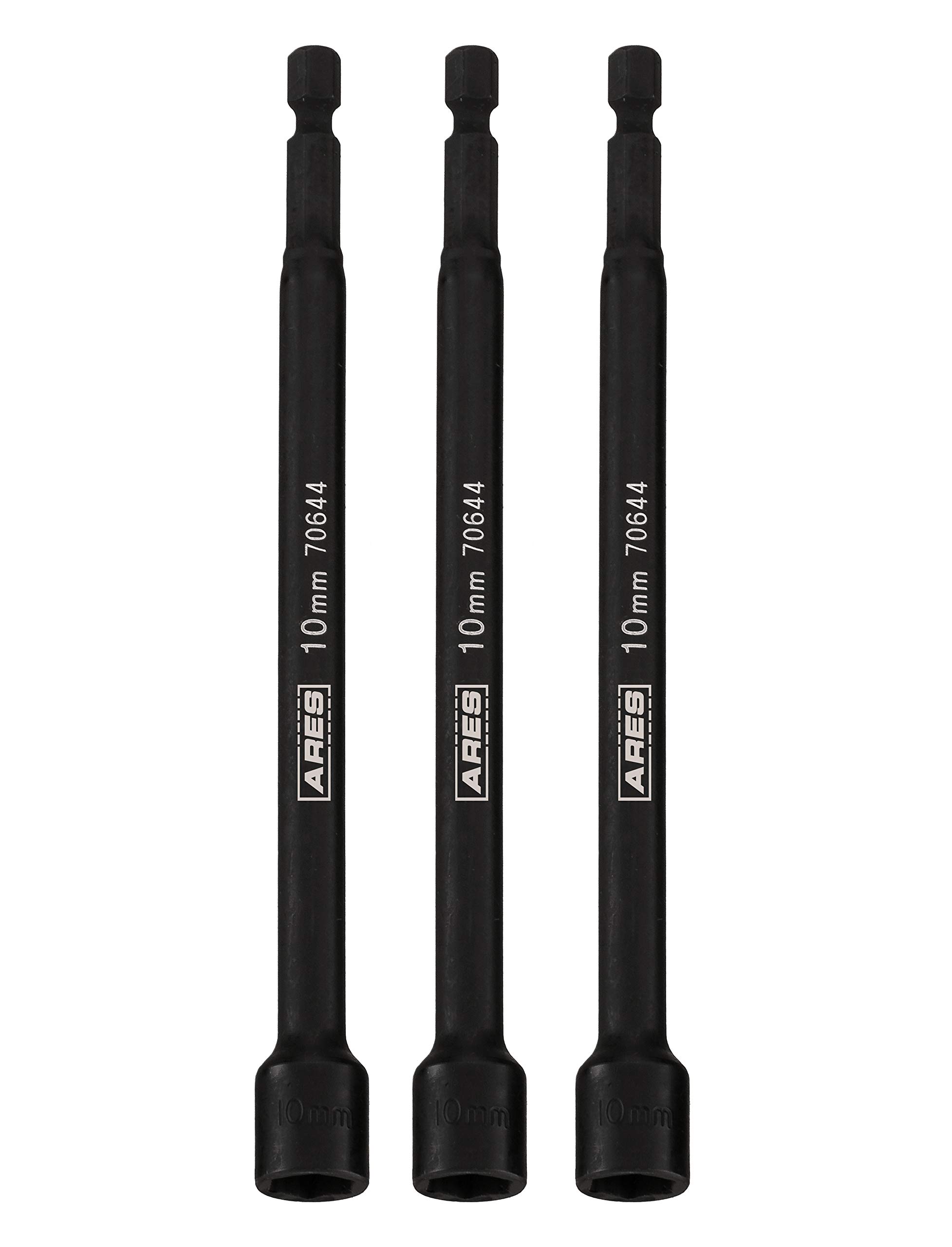 ARES 27006-3-Piece 10mm Magnetic Impact Nut Driver Bit Set - 6-Inch Length - Impact Grade Nut Setters with Industrial Strength Magnets