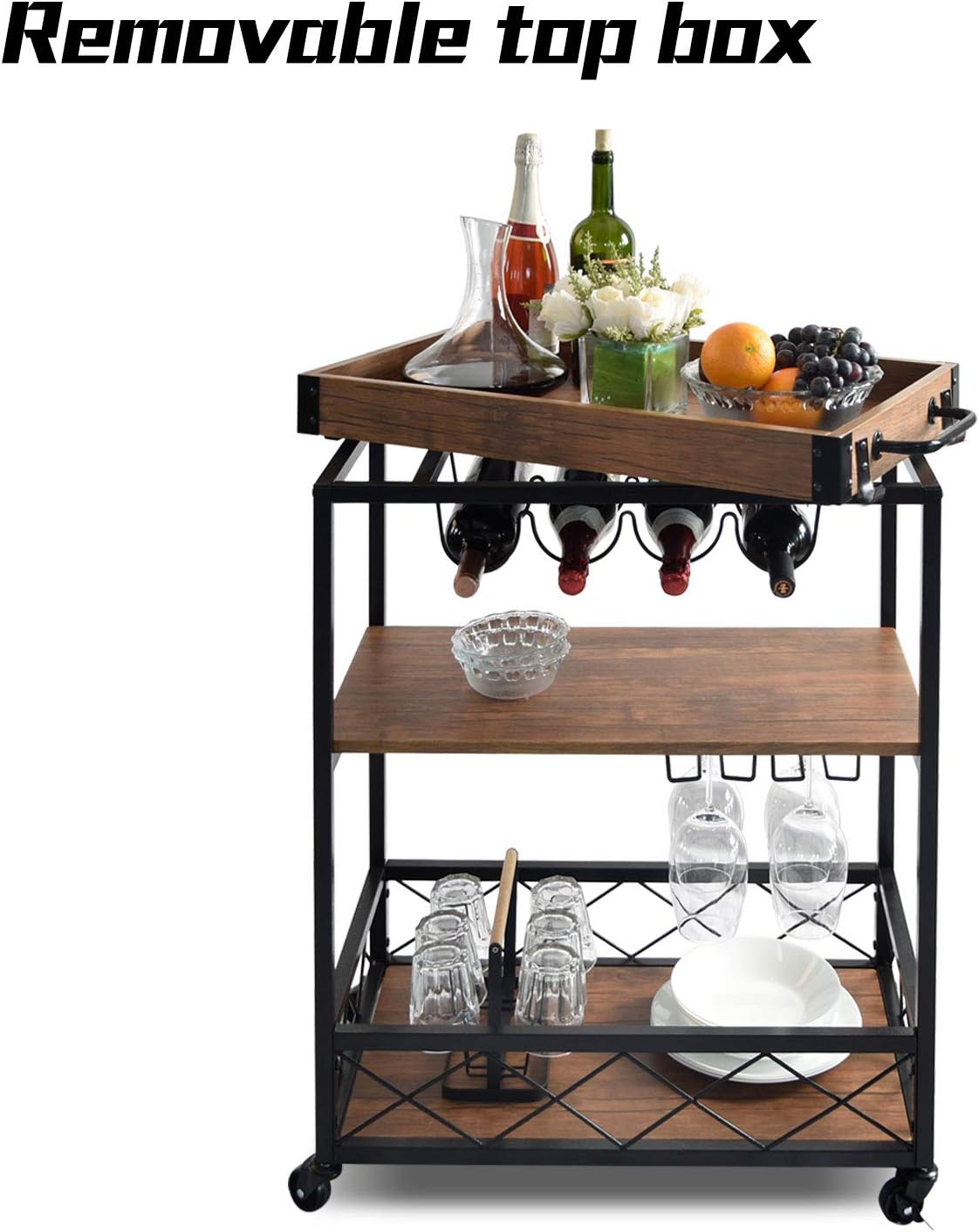 NSdirect Kitchen Cart,Kitchen Bar&Serving Cart Rolling Utility Storage Cart with 3-Tier Shelves,Metal Wine Rack Storage and Glass Bottle Holder,Removable Wood Top Box Container with Hook Rack,Brown…