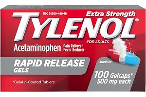 Tylenol Rapid Release Extra Strength Gelcaps, Acetaminophen 500 mg per Gel, Laser Drilled Holes Allow Fast, Strong Pain Relief, Fever Reducer, Gentle on Stomach, 100 Count Size