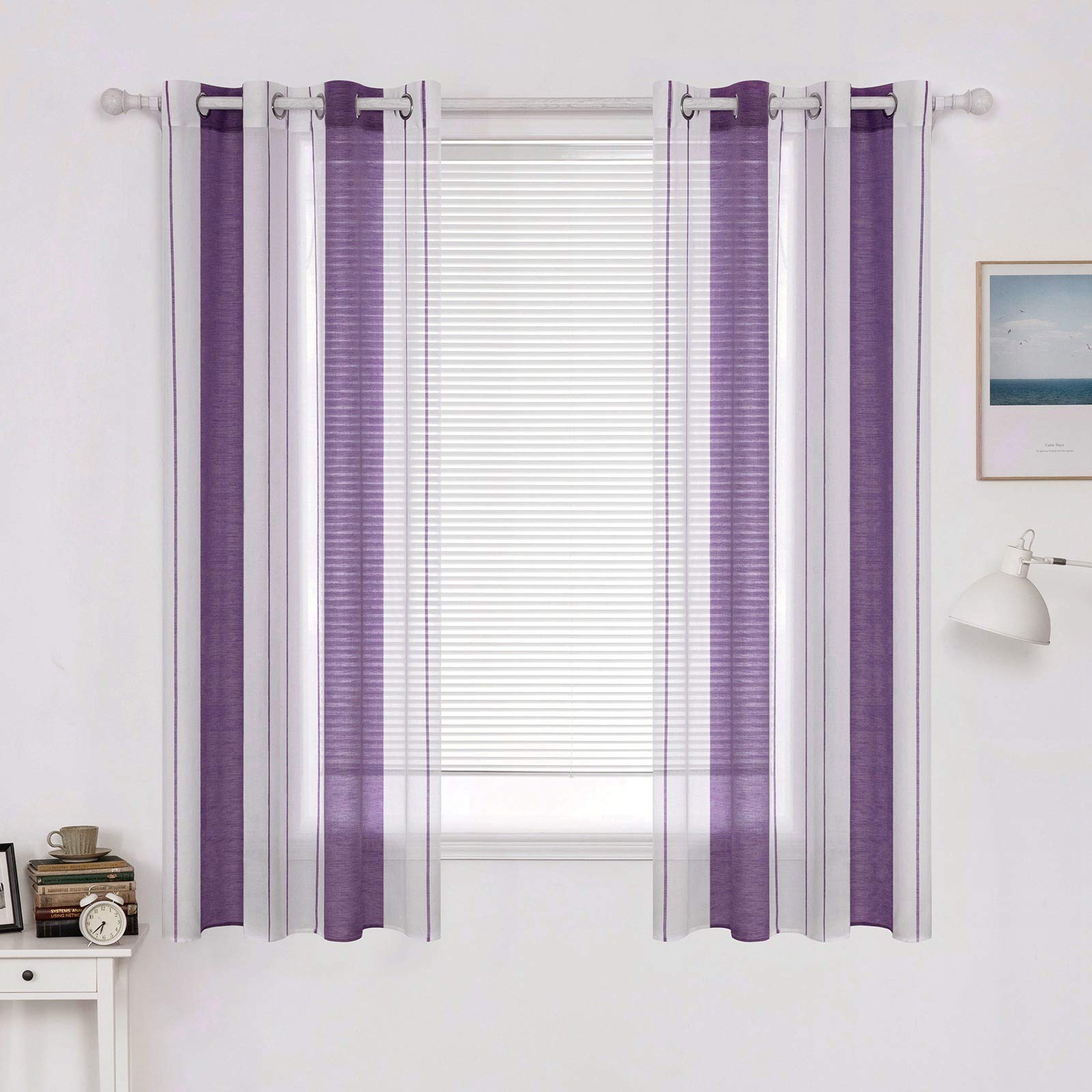 MIULEE 2 Panel Contemporary Decorative Ring Top Eyelet Voile Curtains Sheer Panels for Bedroom Livingroom Nursery Room 55" wide x63 Drop (140cm wide x 160cm Drop) Aubergine — image 1