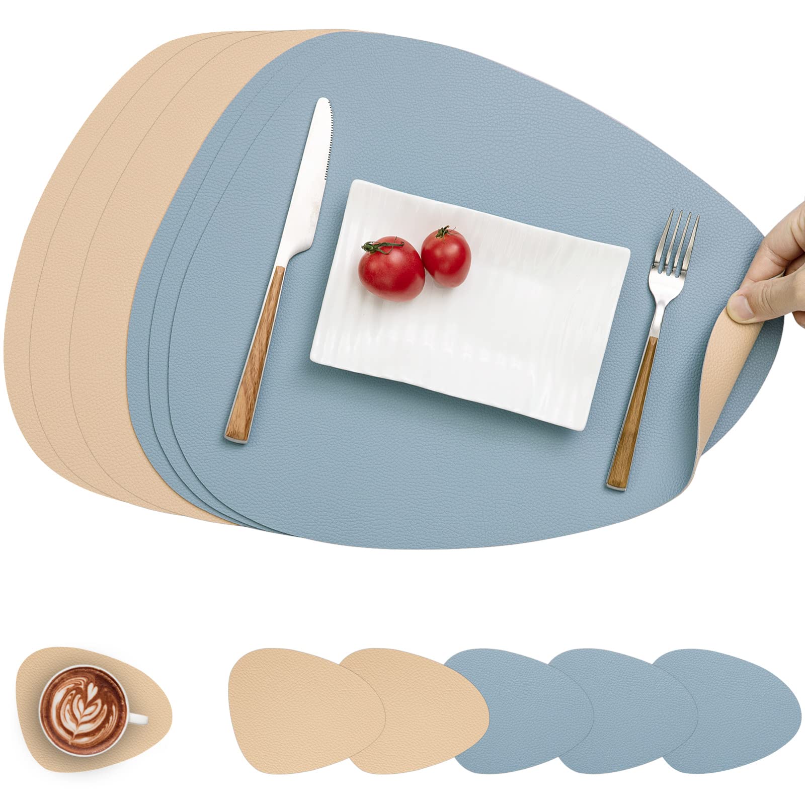 Myir JUN Leather Table Mats and Coasters, Placemat Round PU Waterproof Dual-Sided Kitchen Place Mats Coffee Mats Non-Slip Washable Placemats and Coaster Sets 6 (Set of 6, Beige Light-Blue)