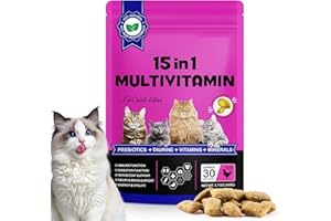 Cat 15-in-1 Multivitamin Chews,Cat Treats for Health+Immune, Joint Support,Skin & Coat, and Digestion-Omega, Taurine&Probioti