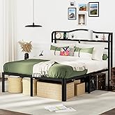 RmagineX Full Size Bed Frame with Headboard 18 Inch Tall Bed Frames with Storage & Charging Station Black Basic Bed Base Mattress Foundation,No Box Spring Needed,Heavy Duty Metal (18 Inch, Full)