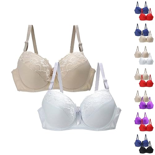 2PC Plus Size Bras for Women UK Soft Seamless Wireless Bra Sexy Lace Push Up Bras Comfortable Non Wired High Support Underwear Skin-Friendly Full Coverage Bralettes Adjustable Thin Straps